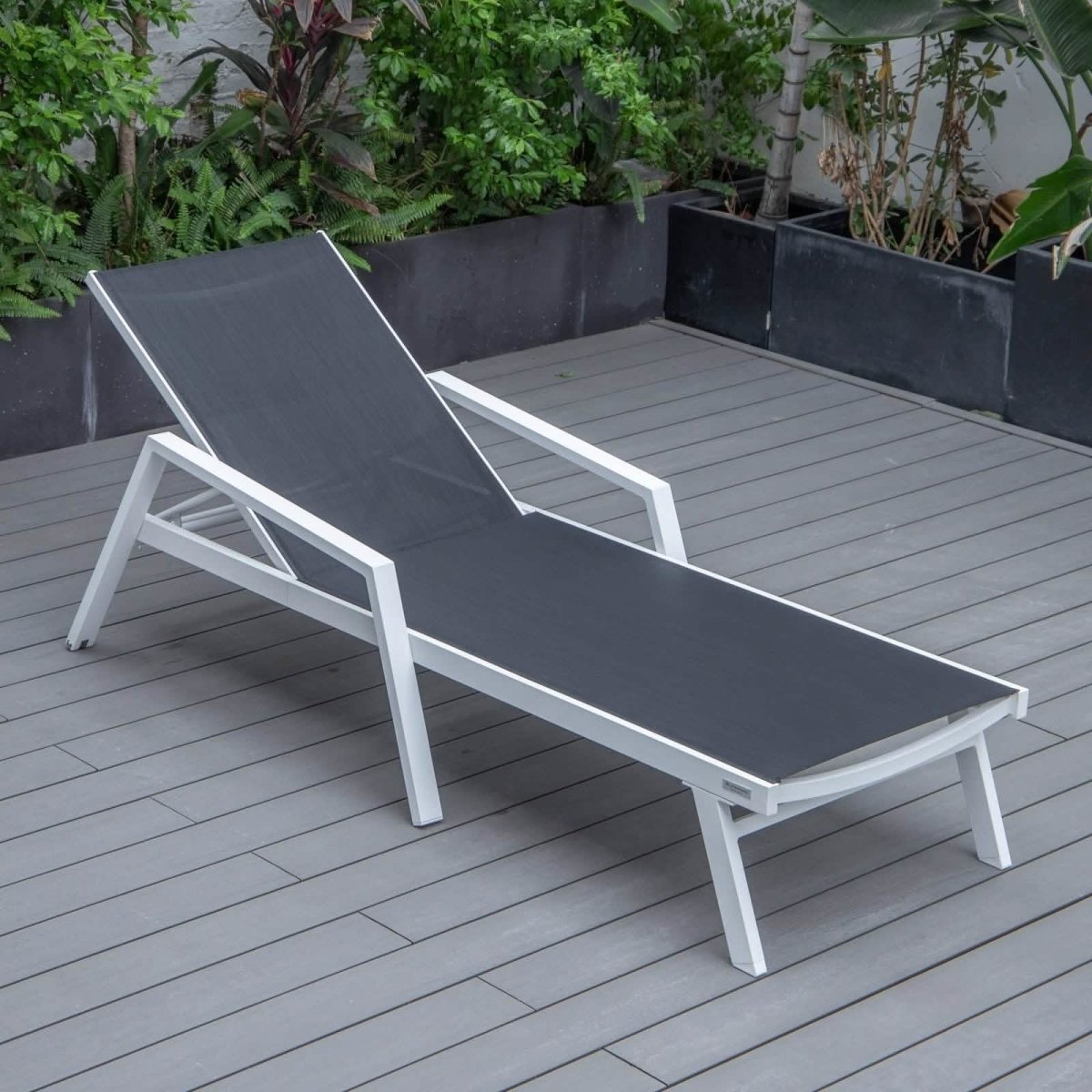 Marlin Modern White Aluminum Outdoor Chaise Lounge Chair Set of 2 With Arms And Square Fire Pit Side Table for Patio