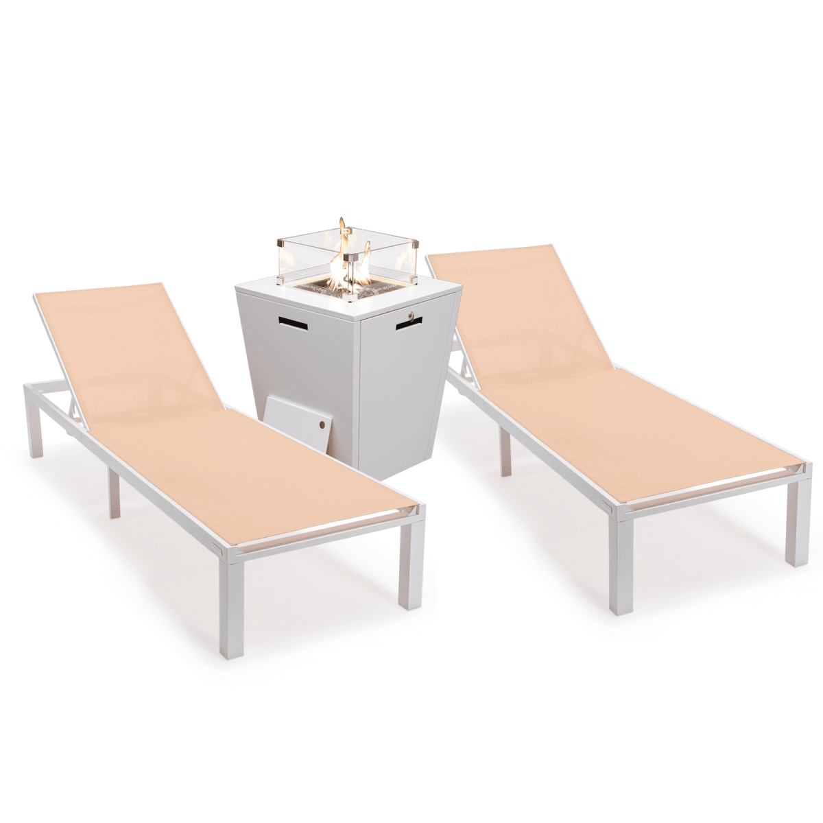 Marlin Modern White Aluminum Outdoor Chaise Lounge Chair With Square Fire Pit Side Table Set of 2 Burgundy Leisuremod