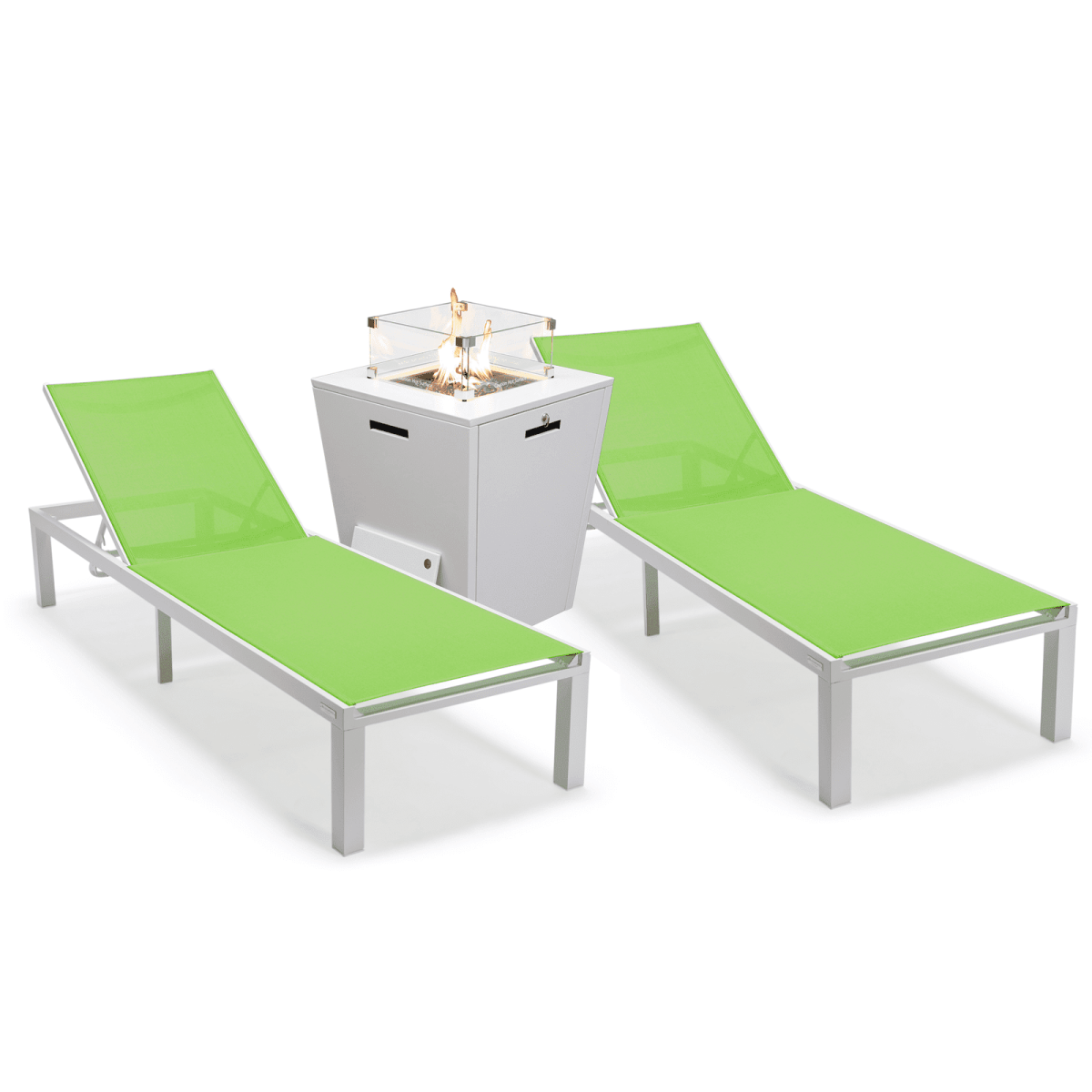 Marlin Modern White Aluminum Outdoor Chaise Lounge Chair With Square Fire Pit Side Table Set of 2 Green Leisuremod