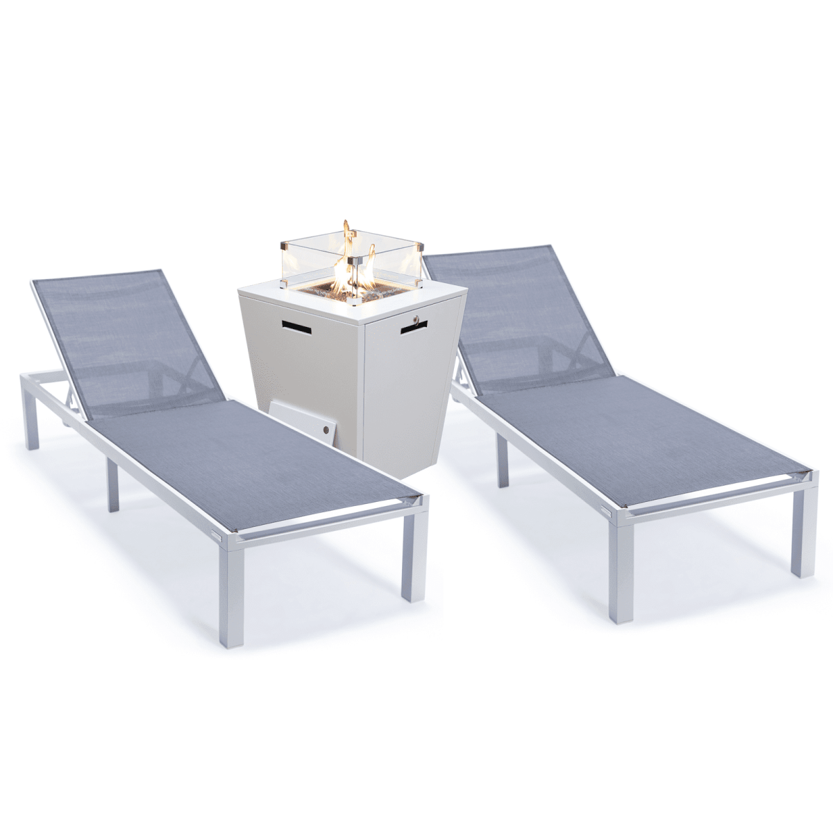 Marlin Modern White Aluminum Outdoor Chaise Lounge Chair With Square Fire Pit Side Table Set of 2 Dark Grey Leisuremod