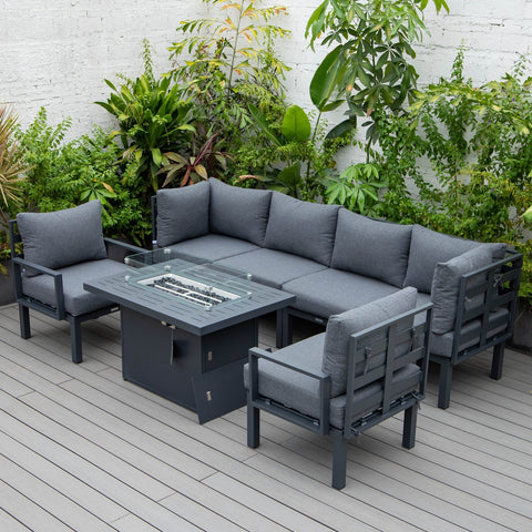 Chelsea 7-Piece Patio Sectional Set in Black Aluminum with Fire Pit Table