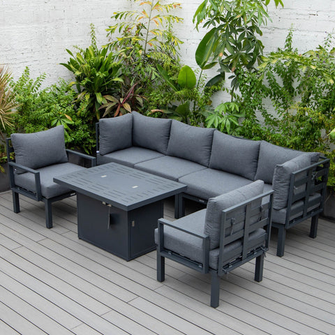 Chelsea 7-Piece Patio Sectional Set in Black Aluminum with Fire Pit Table