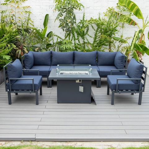 Chelsea 7-Piece Patio Sectional Set in Black Aluminum with Fire Pit Table