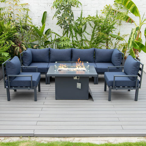 Chelsea 7-Piece Patio Sectional Set in Black Aluminum with Fire Pit Table