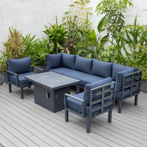 Chelsea 7-Piece Patio Sectional Set in Black Aluminum with Fire Pit Table