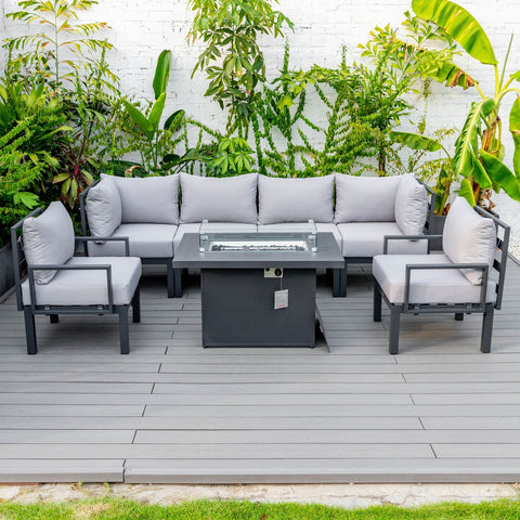 Chelsea 7-Piece Patio Sectional Set in Black Aluminum with Fire Pit Table