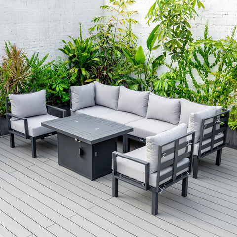 Chelsea 7-Piece Patio Sectional Set in Black Aluminum with Fire Pit Table