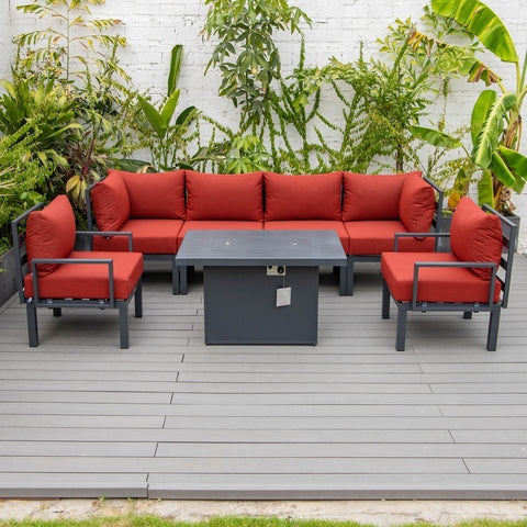 Chelsea 7-Piece Patio Sectional Set in Black Aluminum with Fire Pit Table