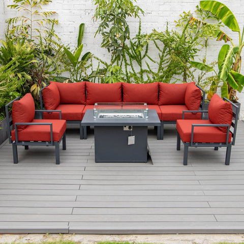 Chelsea 7-Piece Patio Sectional Set in Black Aluminum with Fire Pit Table