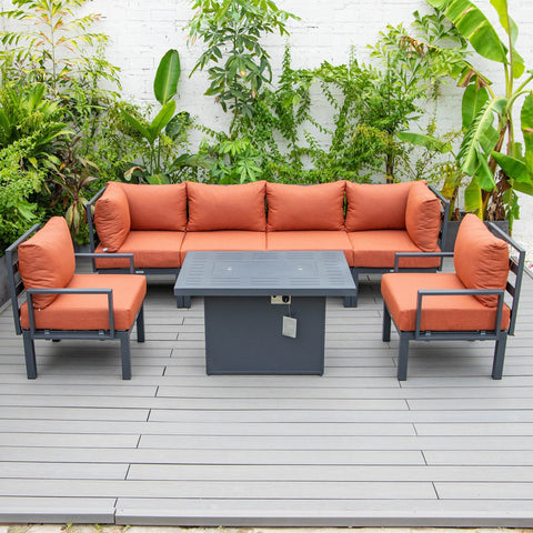 Chelsea 7-Piece Patio Sectional Set in Black Aluminum with Fire Pit Table