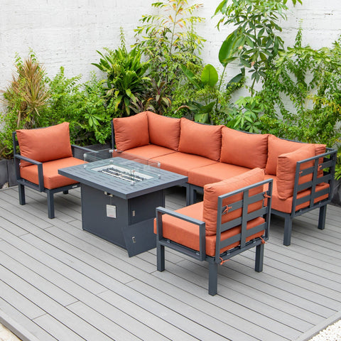 Chelsea 7-Piece Patio Sectional Set in Black Aluminum with Fire Pit Table