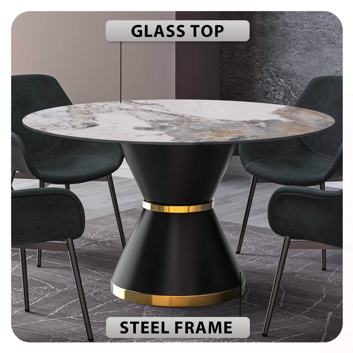 Modern Round Dining Table with a Glass/Stone Tabletop in Stainless Steel Seats 6 - 10 Qorvus Collection