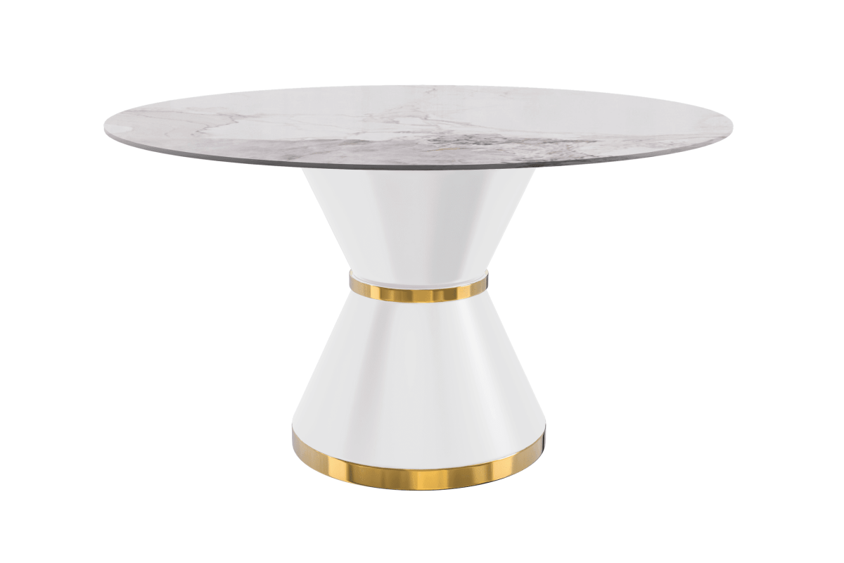 Modern Round Dining Table with a Glass/Stone Tabletop in Stainless Steel Seats 6 - 10 Qorvus Collection