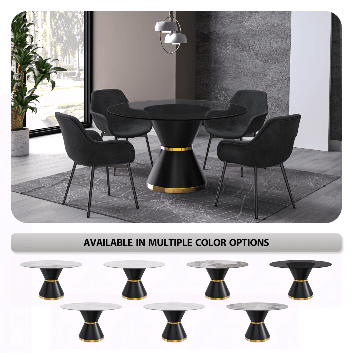 Modern Round Dining Table with a Glass/Stone Tabletop in Stainless Steel Seats 6 - 10 Qorvus Collection
