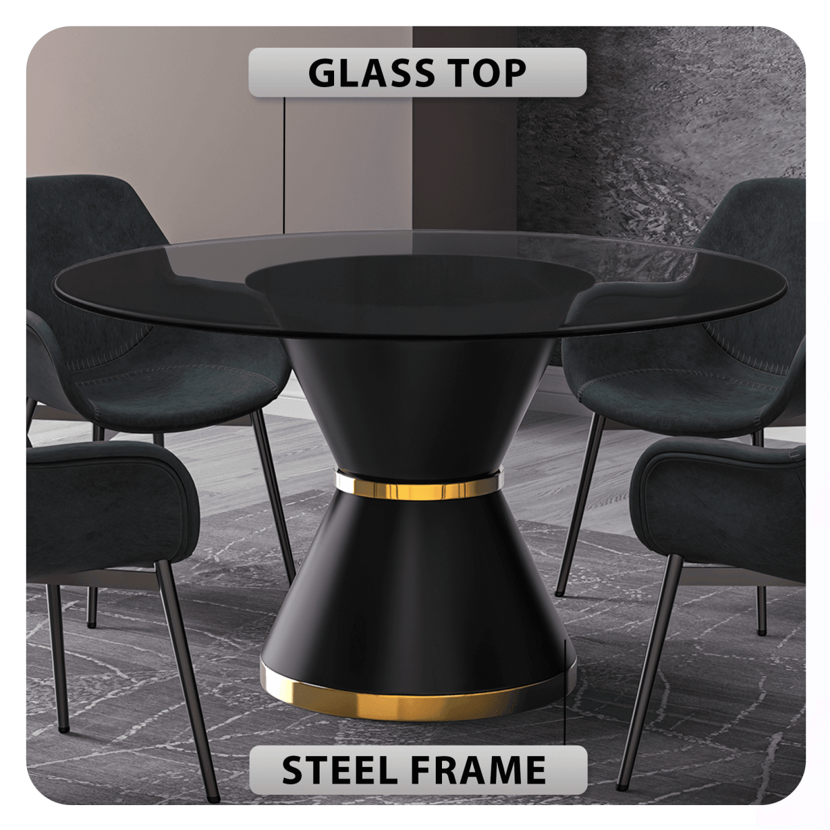 Modern Round Dining Table with a Glass/Stone Tabletop in Stainless Steel Seats 6 - 10 Qorvus Collection