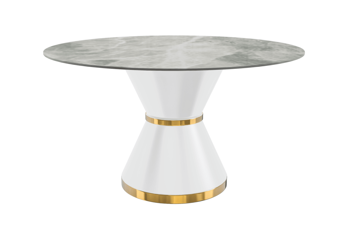 Modern Round Dining Table with a Glass/Stone Tabletop in Stainless Steel Seats 6 - 10 Qorvus Collection