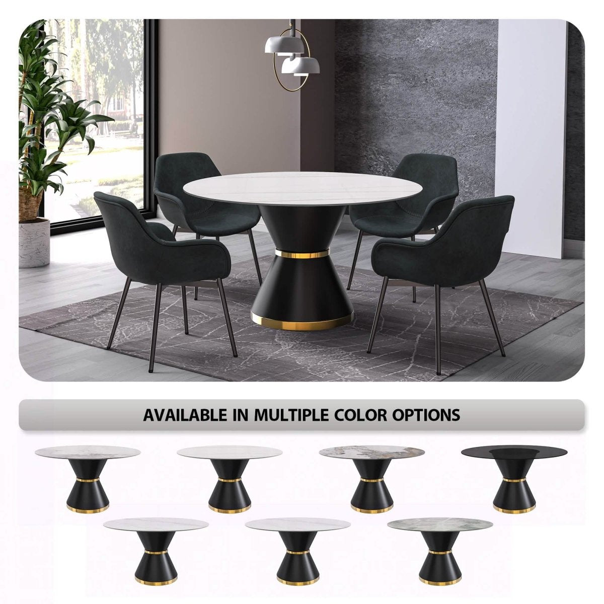 Modern Round Dining Table with a Glass/Stone Tabletop in Stainless Steel Seats 6 - 10 Qorvus Collection