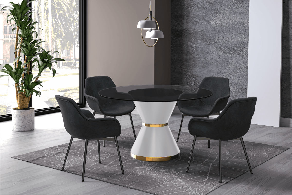 Modern Round Dining Table with a Glass/Stone Tabletop in Stainless Steel Seats 6 - 10 Qorvus Collection