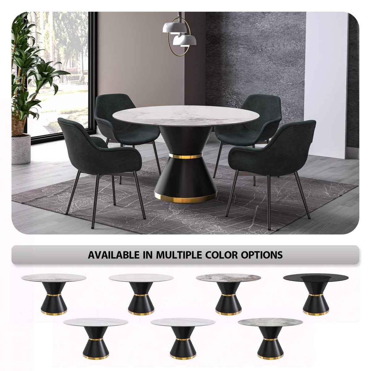 Modern Round Dining Table with a Glass/Stone Tabletop in Stainless Steel Seats 6 - 10 Qorvus Collection