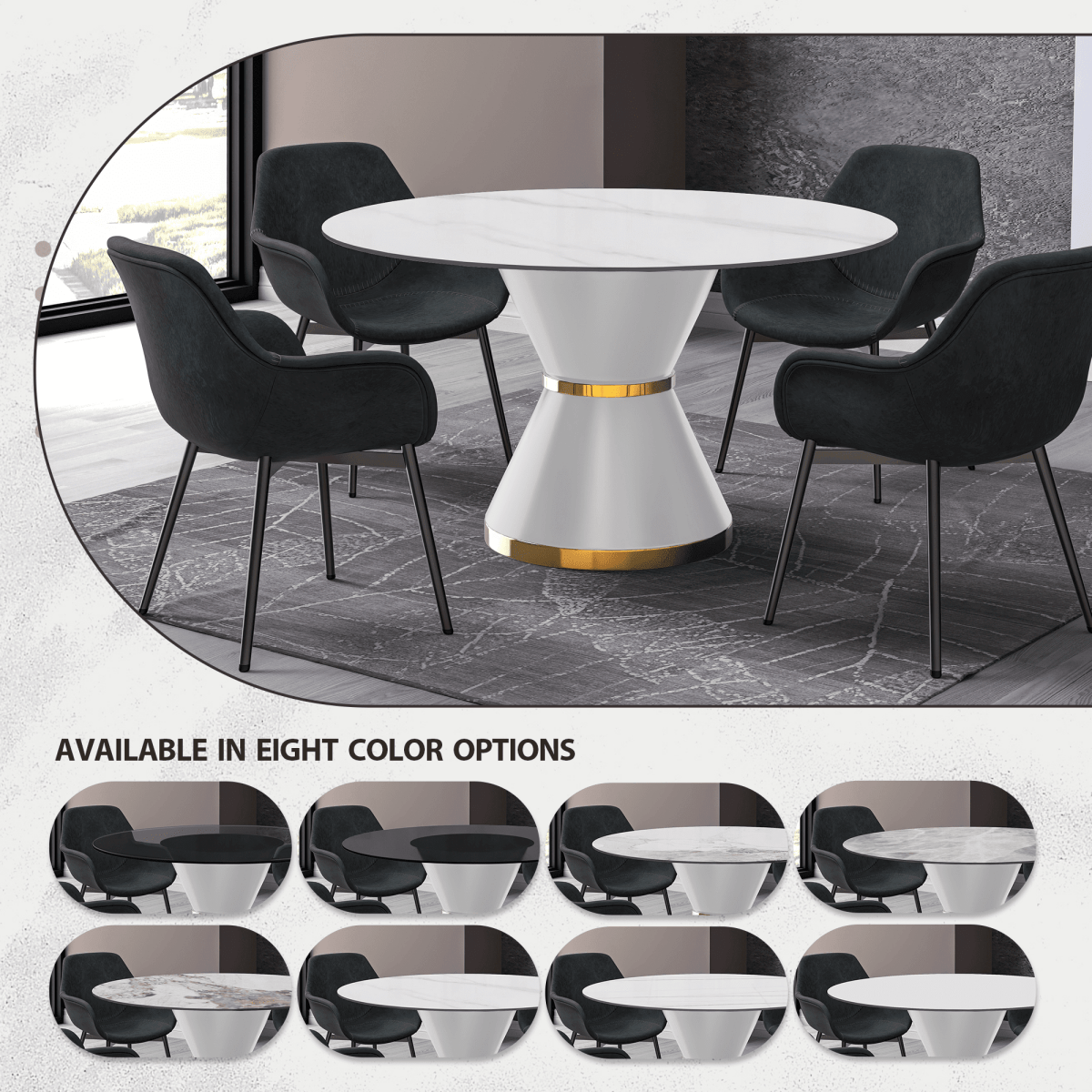 Modern Round Dining Table with a Glass/Stone Tabletop in Stainless Steel Seats 6 - 10 Qorvus Collection