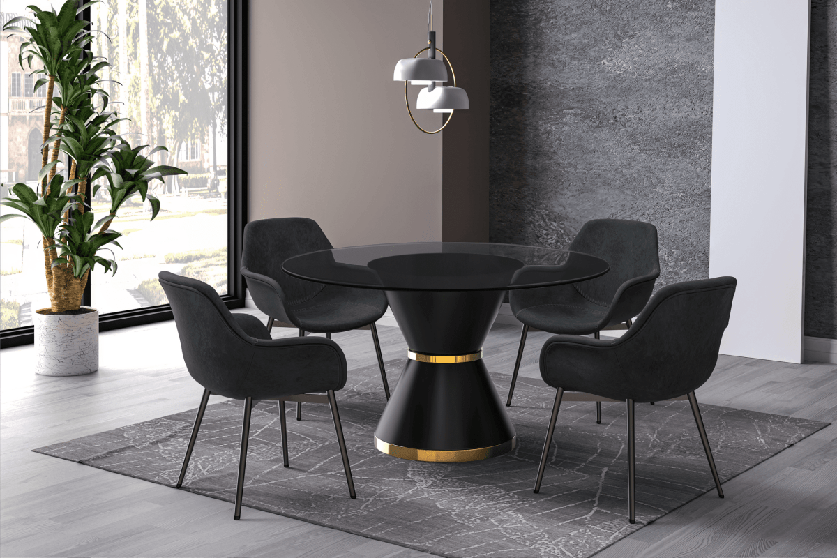 Modern Round Dining Table with a Glass/Stone Tabletop in Stainless Steel Seats 6 - 10 Qorvus Collection