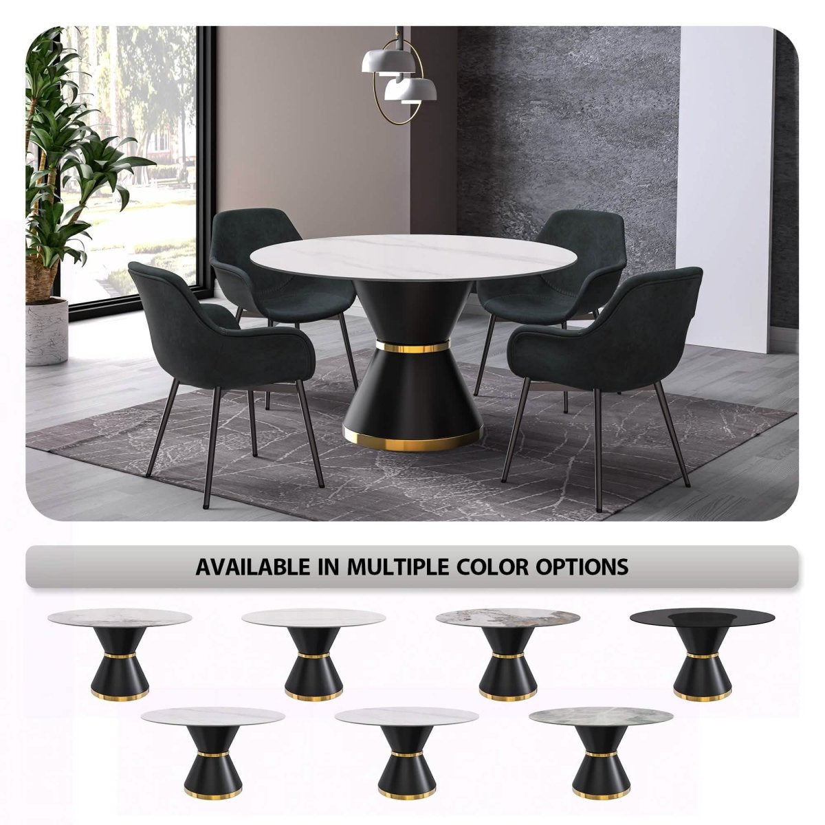 Modern Round Dining Table with a Glass/Stone Tabletop in Stainless Steel Seats 6 - 10 Qorvus Collection