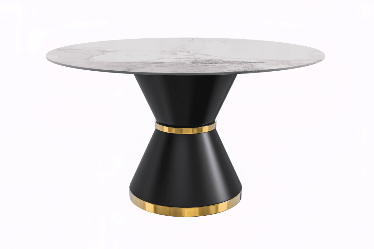 Modern Round Dining Table with a Glass/Stone Tabletop in Stainless Steel Seats 6 - 10 Qorvus Collection