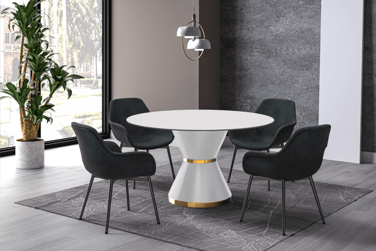 Modern Round Dining Table with a Glass/Stone Tabletop in Stainless Steel Seats 6 - 10 Qorvus Collection