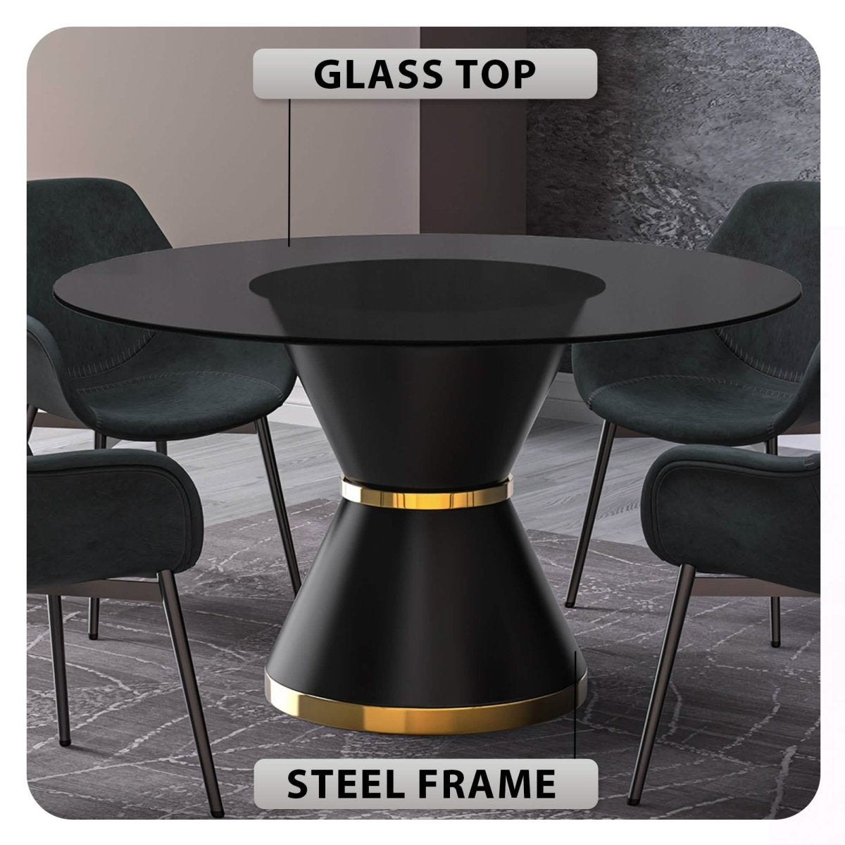 Modern Round Dining Table with a Glass/Stone Tabletop in Stainless Steel Seats 6 - 10 Qorvus Collection