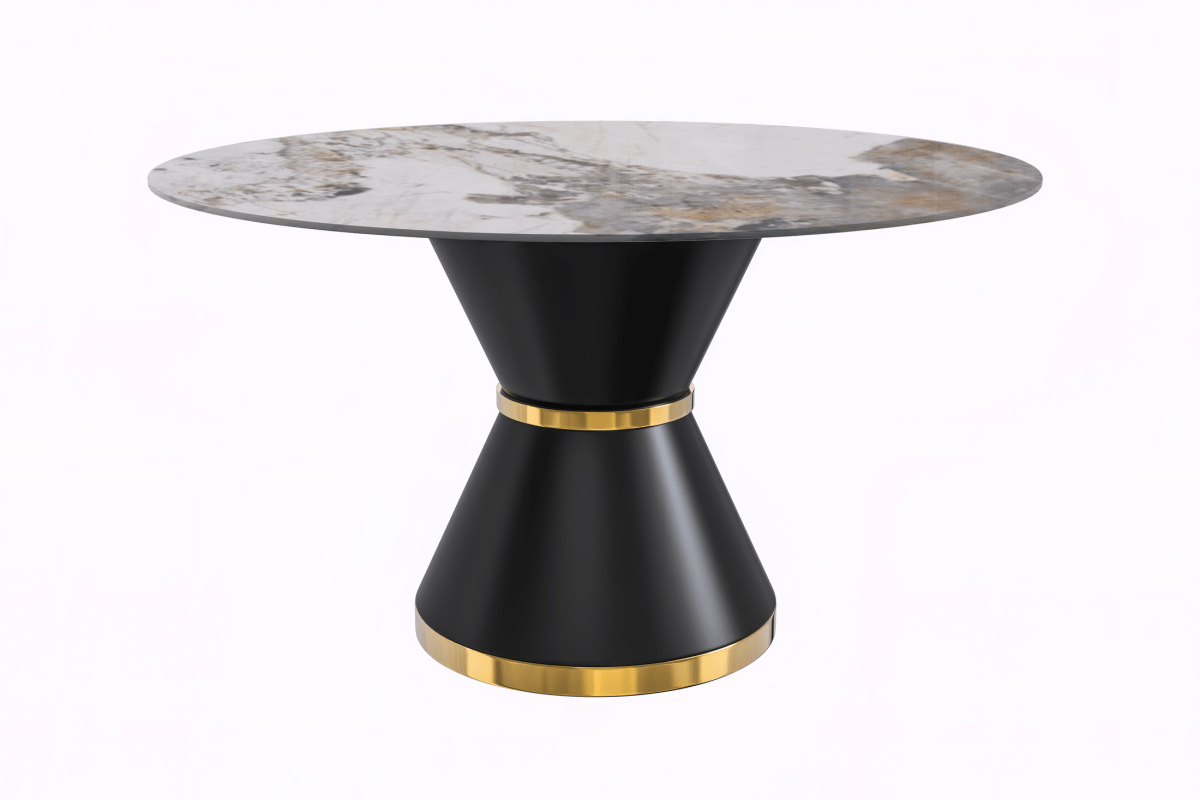 Modern Round Dining Table with a Glass/Stone Tabletop in Stainless Steel Seats 6 - 10 Qorvus Collection