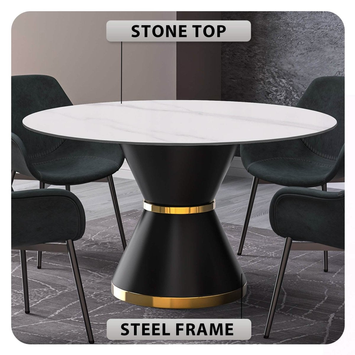 Modern Round Dining Table with a Glass/Stone Tabletop in Stainless Steel Seats 6 - 10 Qorvus Collection