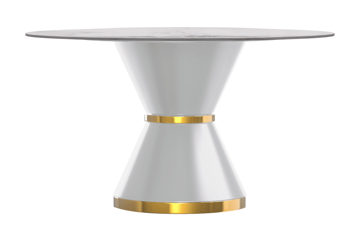 Modern Round Dining Table with a Glass/Stone Tabletop in Stainless Steel Seats 6 - 10 Qorvus Collection