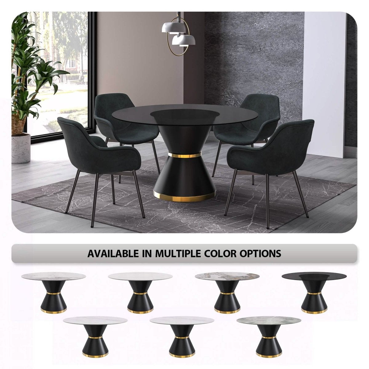 Modern Round Dining Table with a Glass/Stone Tabletop in Stainless Steel Seats 6 - 10 Qorvus Collection