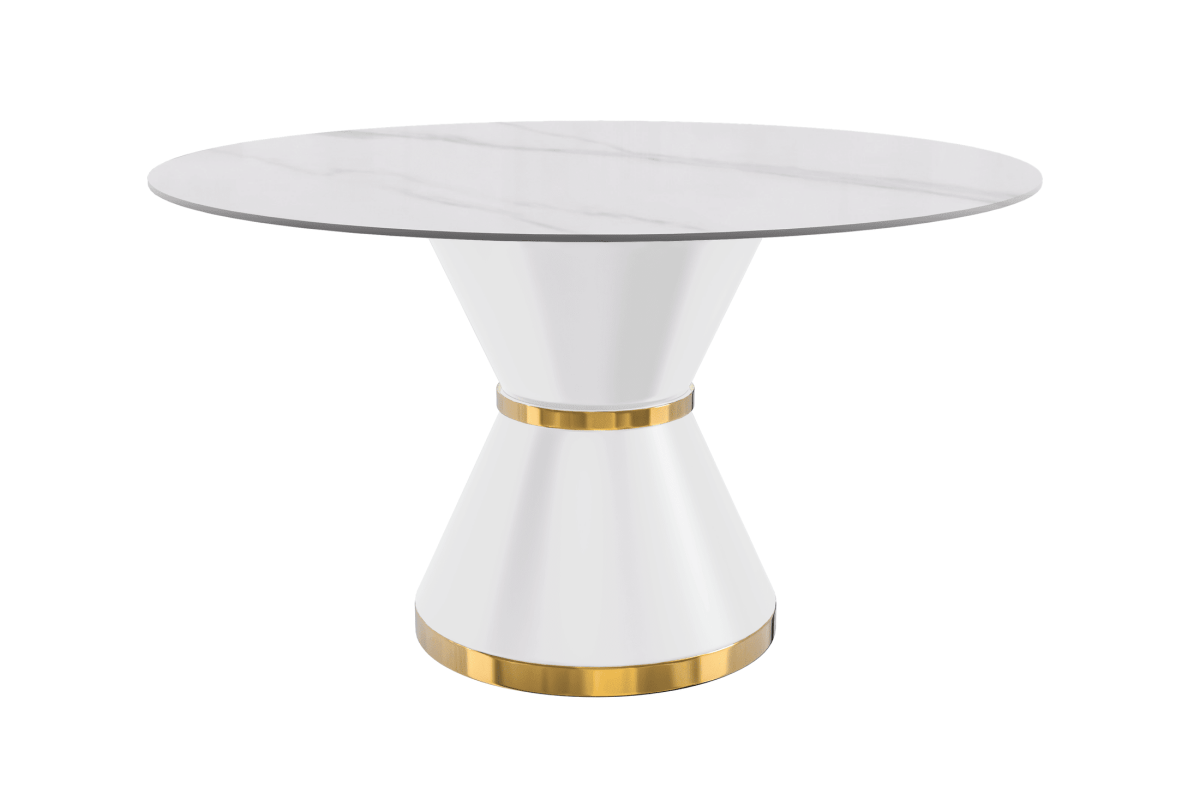 Modern Round Dining Table with a Glass/Stone Tabletop in Stainless Steel Seats 6 - 10 Qorvus Collection