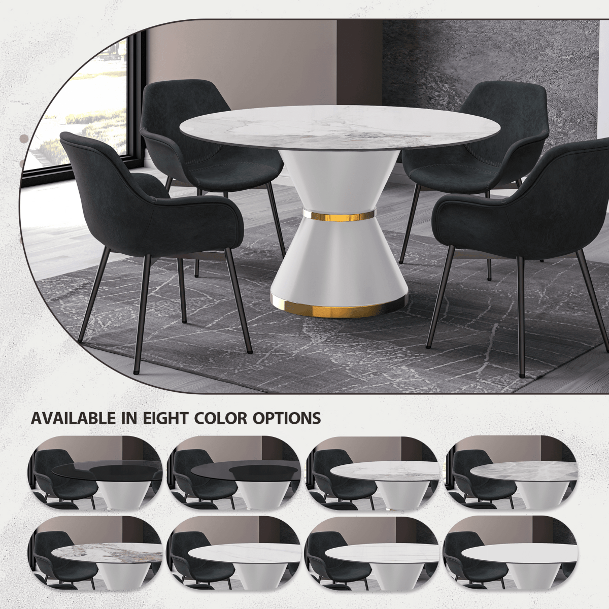 Modern Round Dining Table with a Glass/Stone Tabletop in Stainless Steel Seats 6 - 10 Qorvus Collection