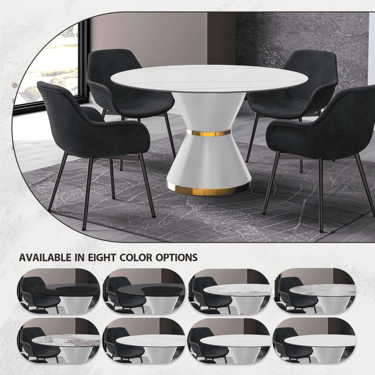 Modern Round Dining Table with a Glass/Stone Tabletop in Stainless Steel Seats 6 - 10 Qorvus Collection