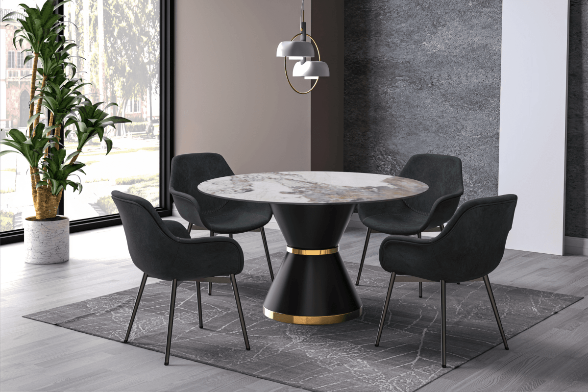 Modern Round Dining Table with a Glass/Stone Tabletop in Stainless Steel Seats 6 - 10 Qorvus Collection