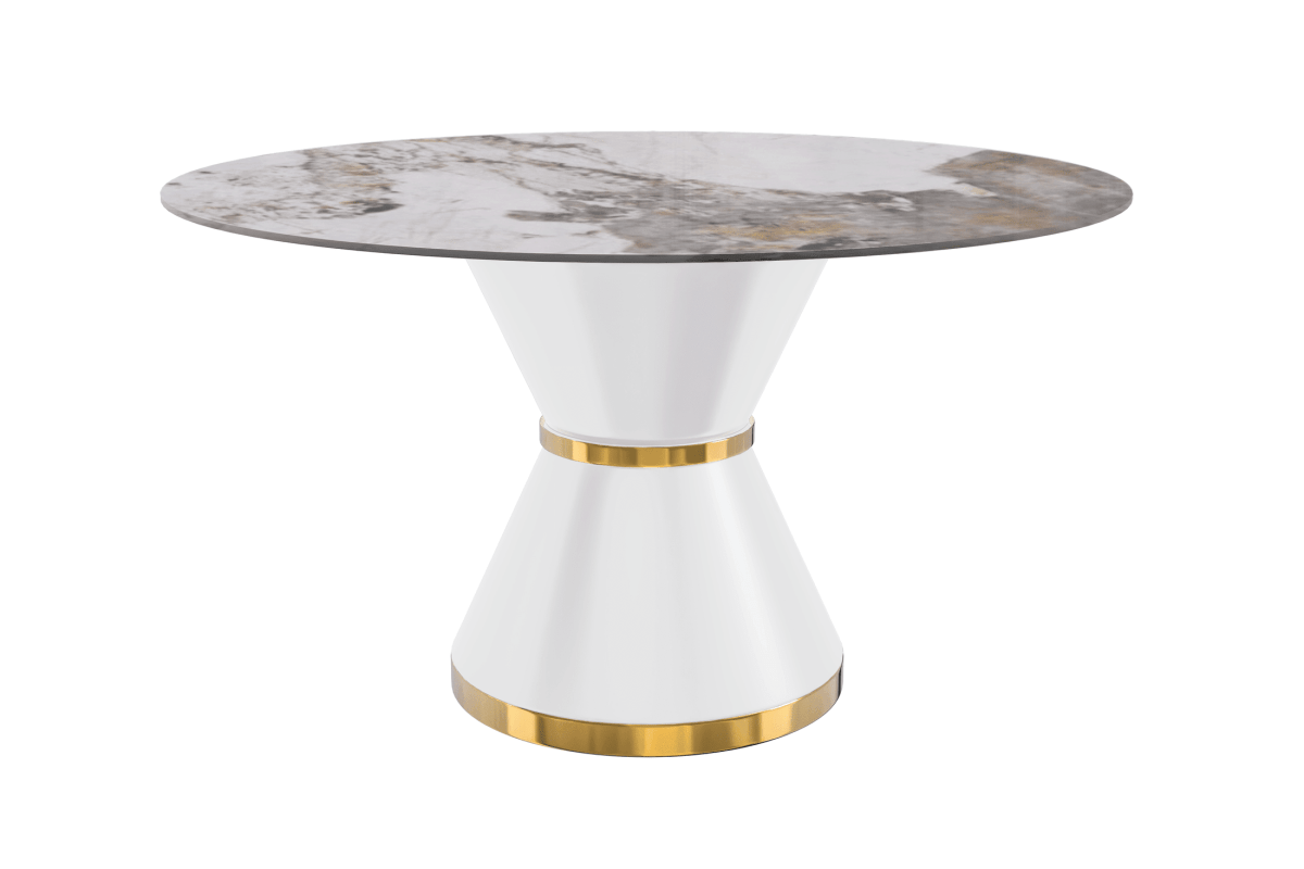 Modern Round Dining Table with a Glass/Stone Tabletop in Stainless Steel Seats 6 - 10 Qorvus Collection