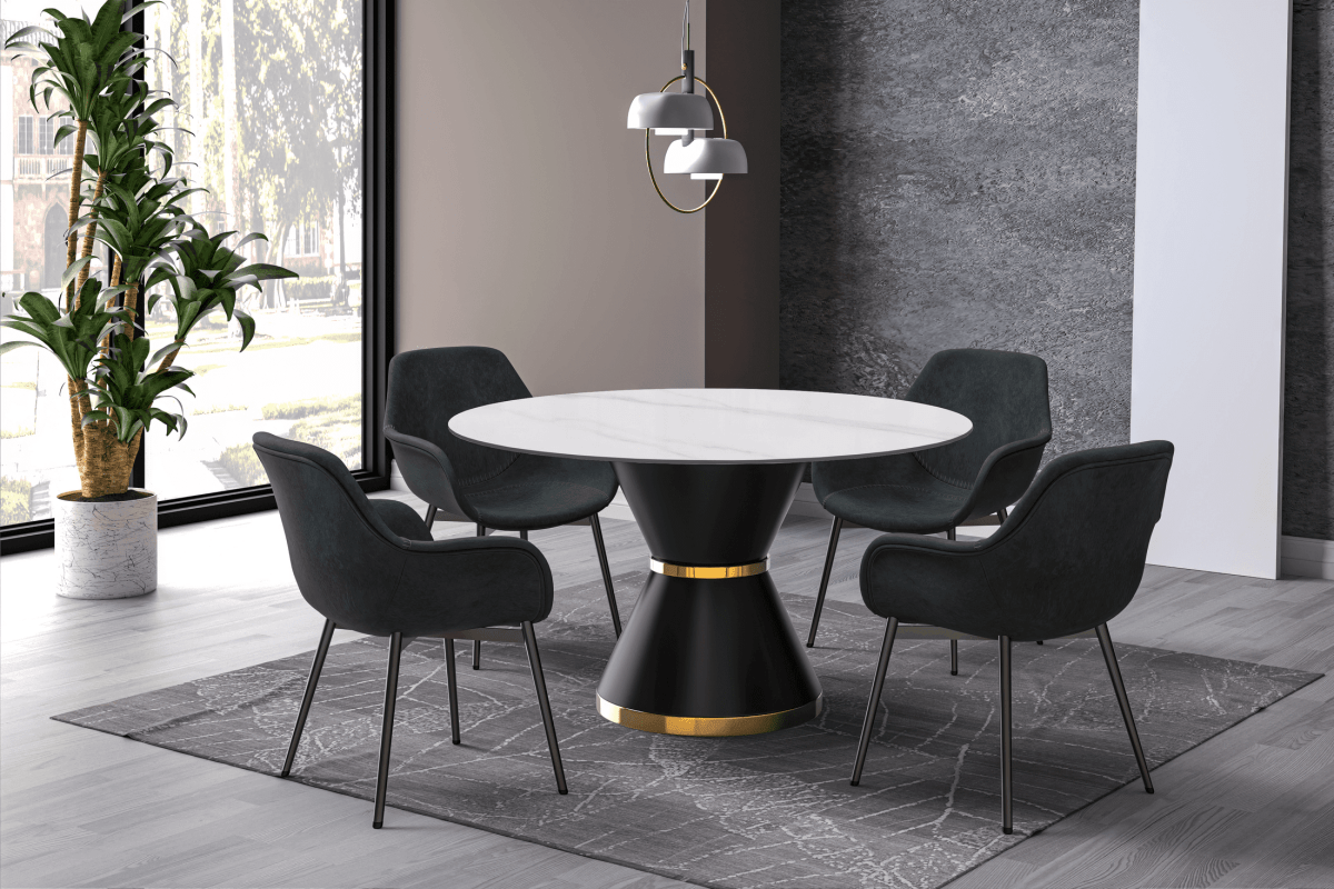 Modern Round Dining Table with a Glass/Stone Tabletop in Stainless Steel Seats 6 - 10 Qorvus Collection