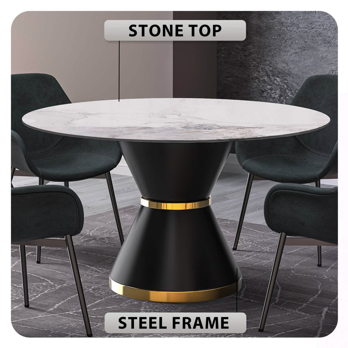 Modern Round Dining Table with a Glass/Stone Tabletop in Stainless Steel Seats 6 - 10 Qorvus Collection