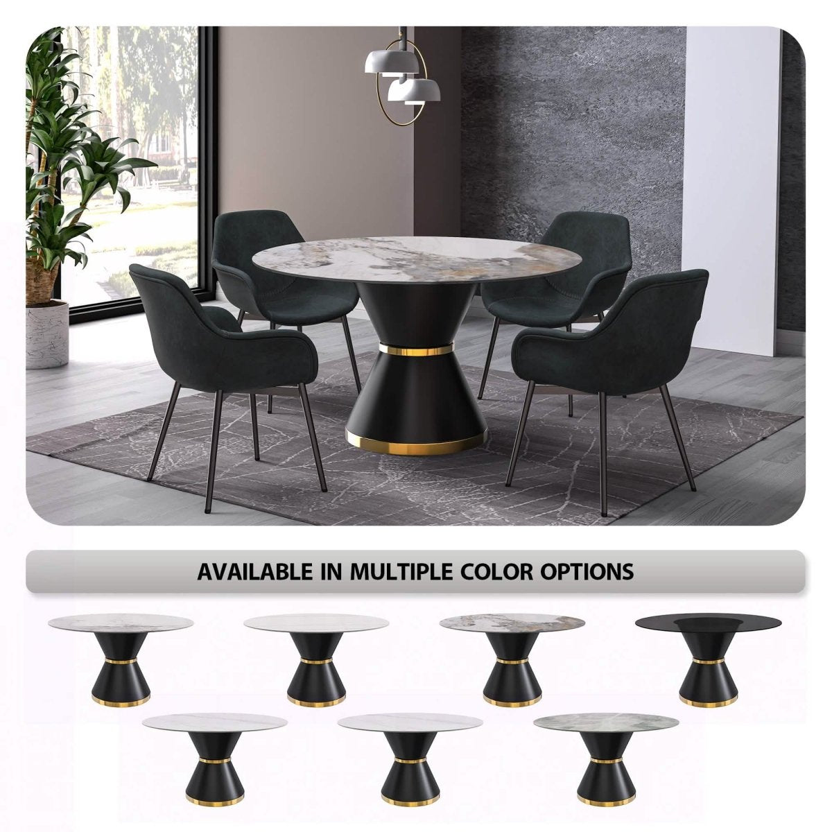 Modern Round Dining Table with a Glass/Stone Tabletop in Stainless Steel Seats 6 - 10 Qorvus Collection