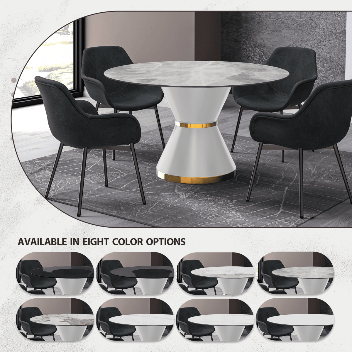 Modern Round Dining Table with a Glass/Stone Tabletop in Stainless Steel Seats 6 - 10 Qorvus Collection