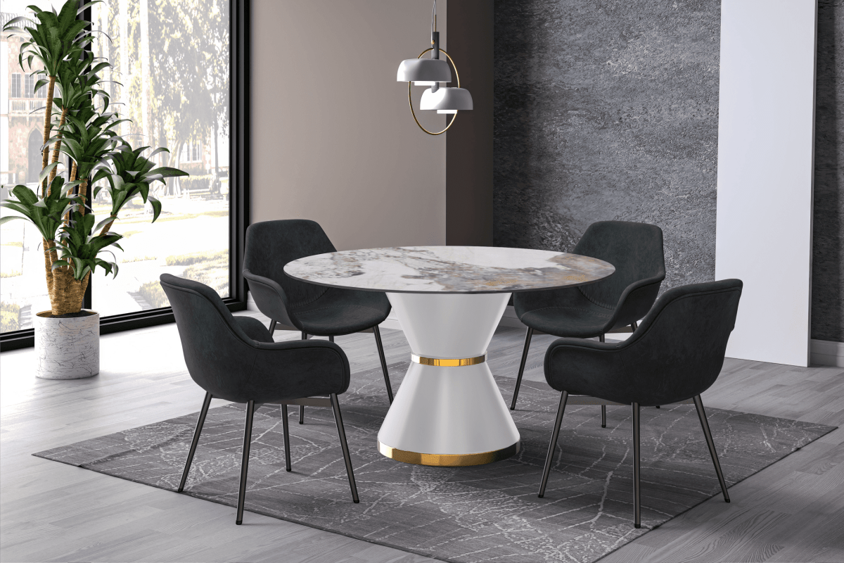 Modern Round Dining Table with a Glass/Stone Tabletop in Stainless Steel Seats 6 - 10 Qorvus Collection