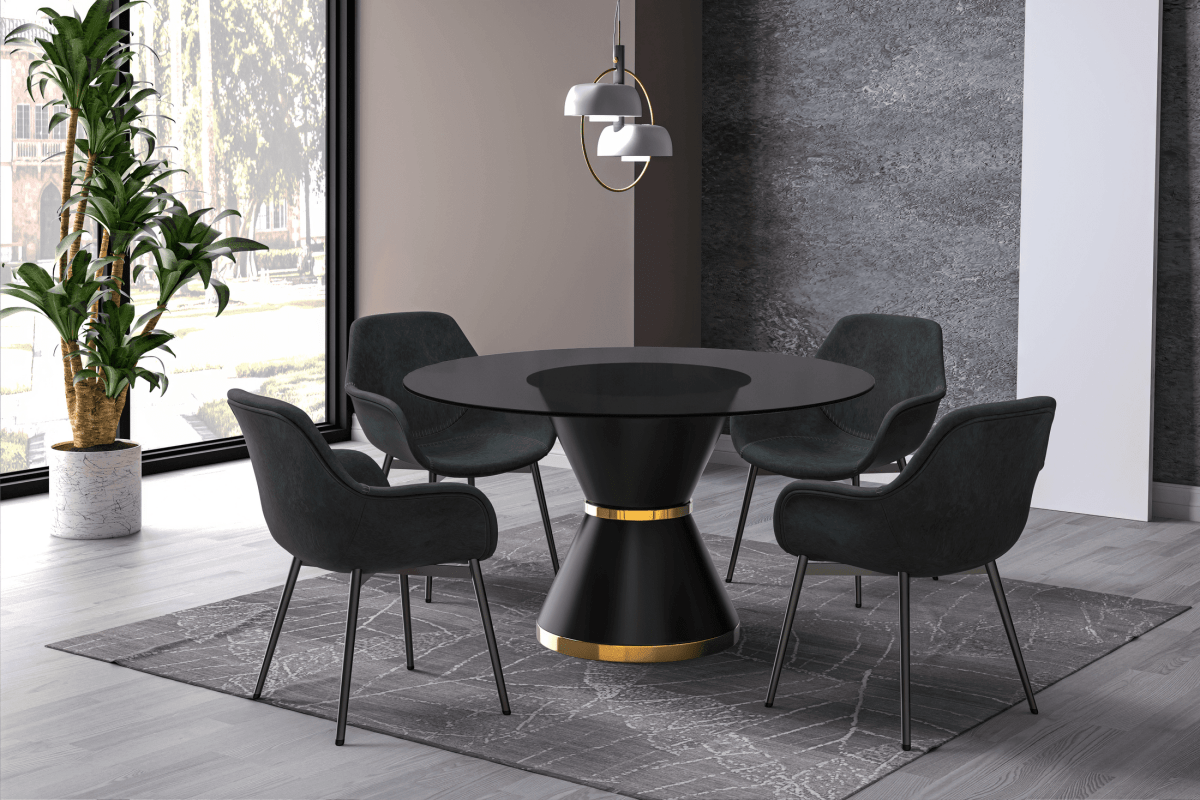 Modern Round Dining Table with a Glass/Stone Tabletop in Stainless Steel Seats 6 - 10 Qorvus Collection