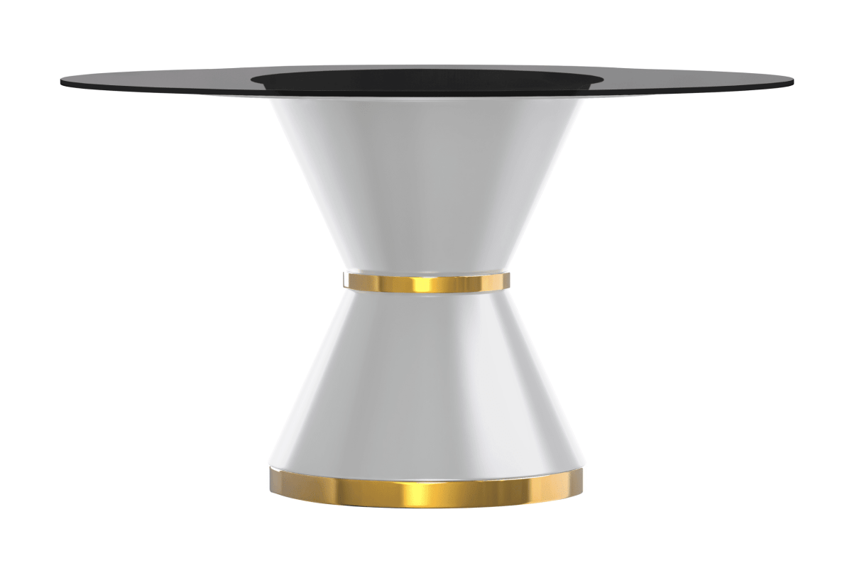 Modern Round Dining Table with a Glass/Stone Tabletop in Stainless Steel Seats 6 - 10 Qorvus Collection