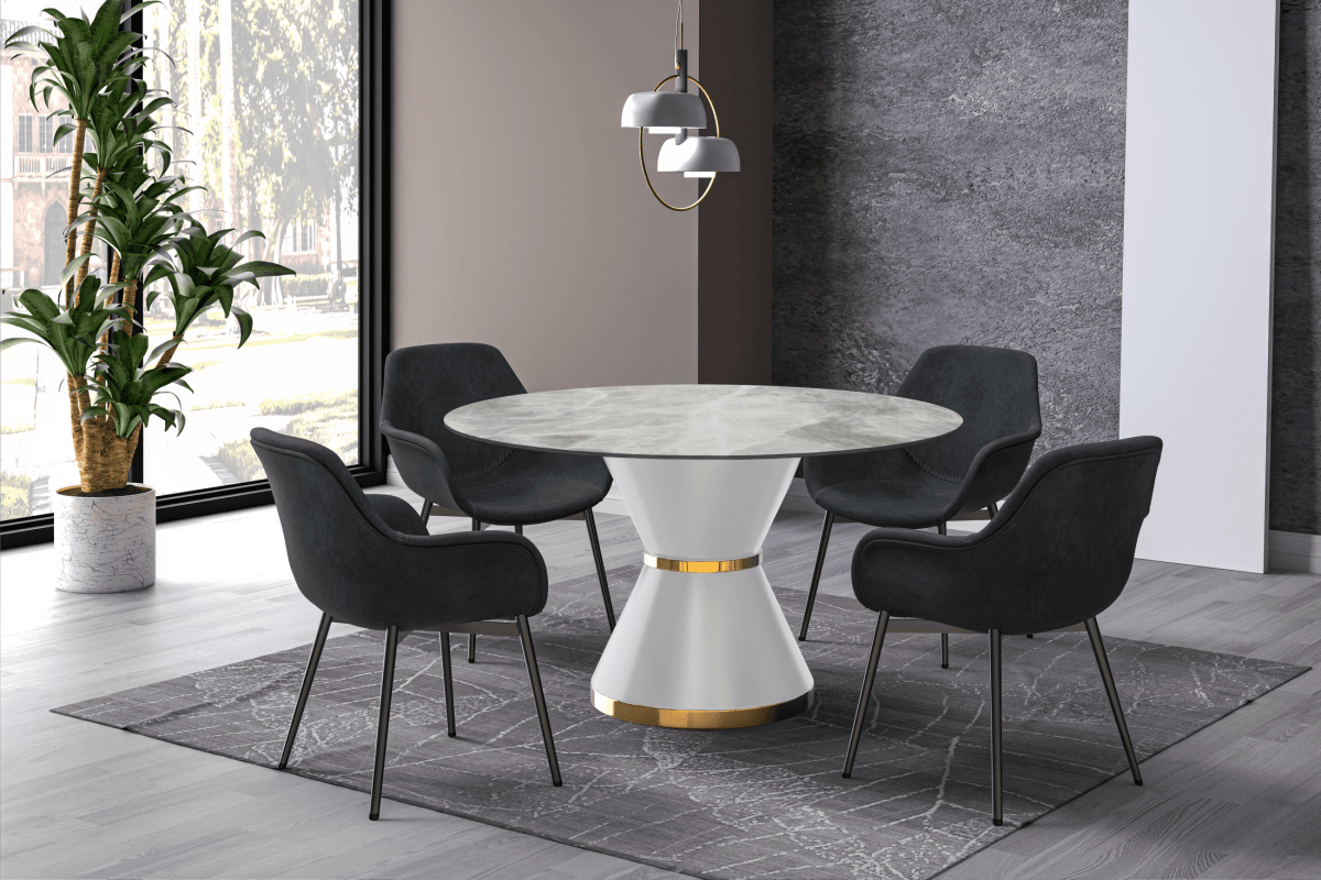 Modern Round Dining Table with a Glass/Stone Tabletop in Stainless Steel Seats 6 - 10 Qorvus Collection