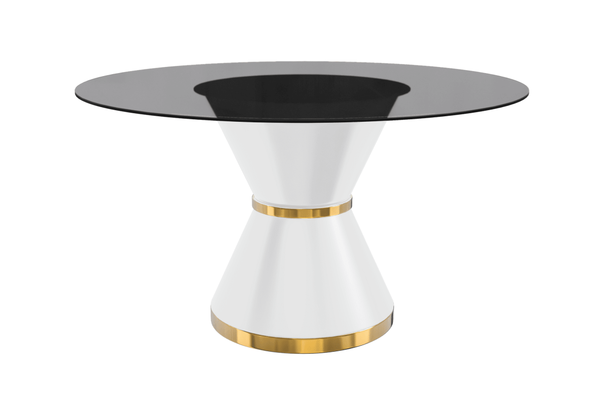 Modern Round Dining Table with a Glass/Stone Tabletop in Stainless Steel Seats 6 - 10 Qorvus Collection
