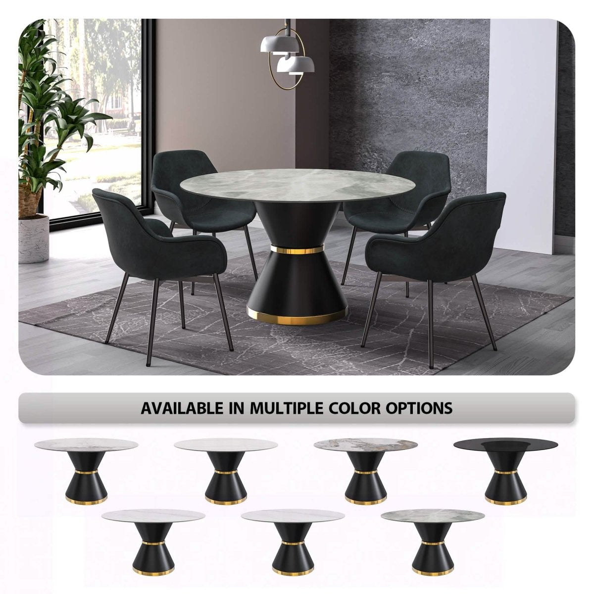 Modern Round Dining Table with a Glass/Stone Tabletop in Stainless Steel Seats 6 - 10 Qorvus Collection