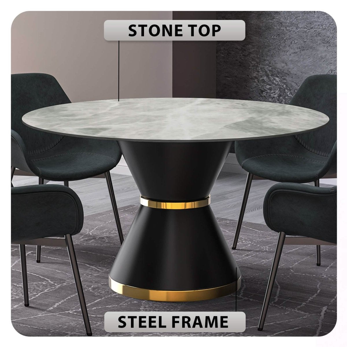 Modern Round Dining Table with a Glass/Stone Tabletop in Stainless Steel Seats 6 - 10 Qorvus Collection