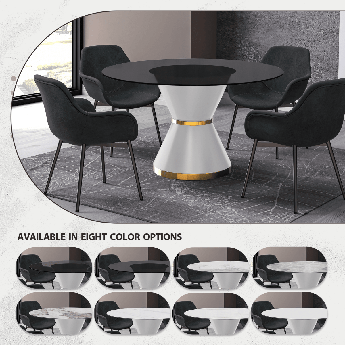 Modern Round Dining Table with a Glass/Stone Tabletop in Stainless Steel Seats 6 - 10 Qorvus Collection